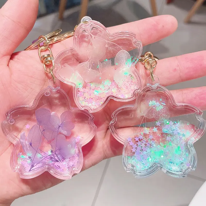 Transparent Sealed Acrylic Bottle Keychain Floating Preserved Flower Liquid Glitter Sand Luminous Pigment Anti Leak Edge Fixed Metal Split Ring Light Smooth Texture For Kids Backpack Daily Cute Glow In Dark Mini Decorative Gift Bag Charm Accessory, Casual