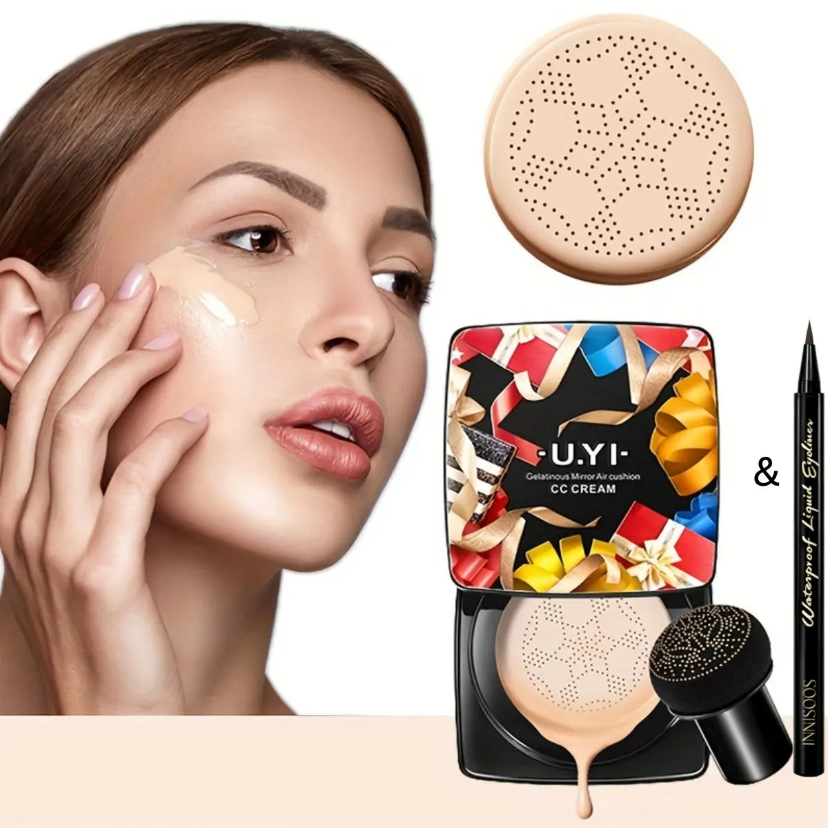 Mushroom Head CC Cushion Foundation, Includes Eyeliner, Moisturizing, Matte Finish, High Coverage, Oil Control, Perfect Gift
