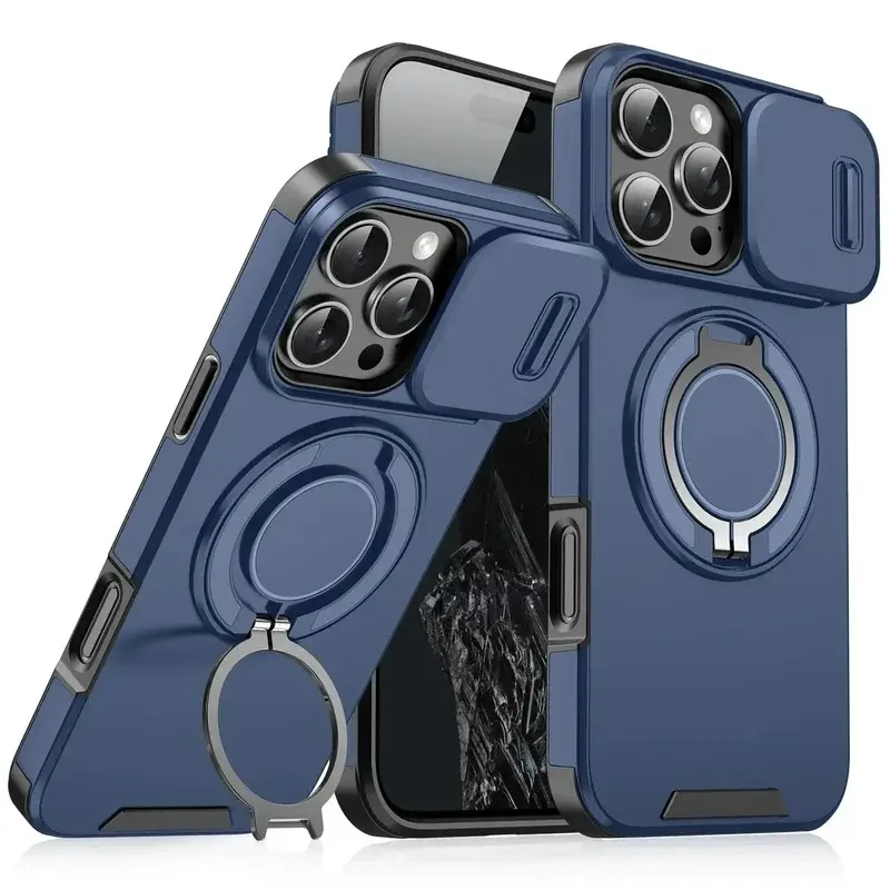 Multi-Model Luxury Shockproof Heavy-Duty Rugged Armor Cover for iPhone Series (17,17Air,16,16E,15,14,13,12,11 Pro Max Plus) - TPU Plastic-PC Casing, Magnetic Ring, Slide Camera Guard, Magnetic Bracket Mobile Phone Accessory