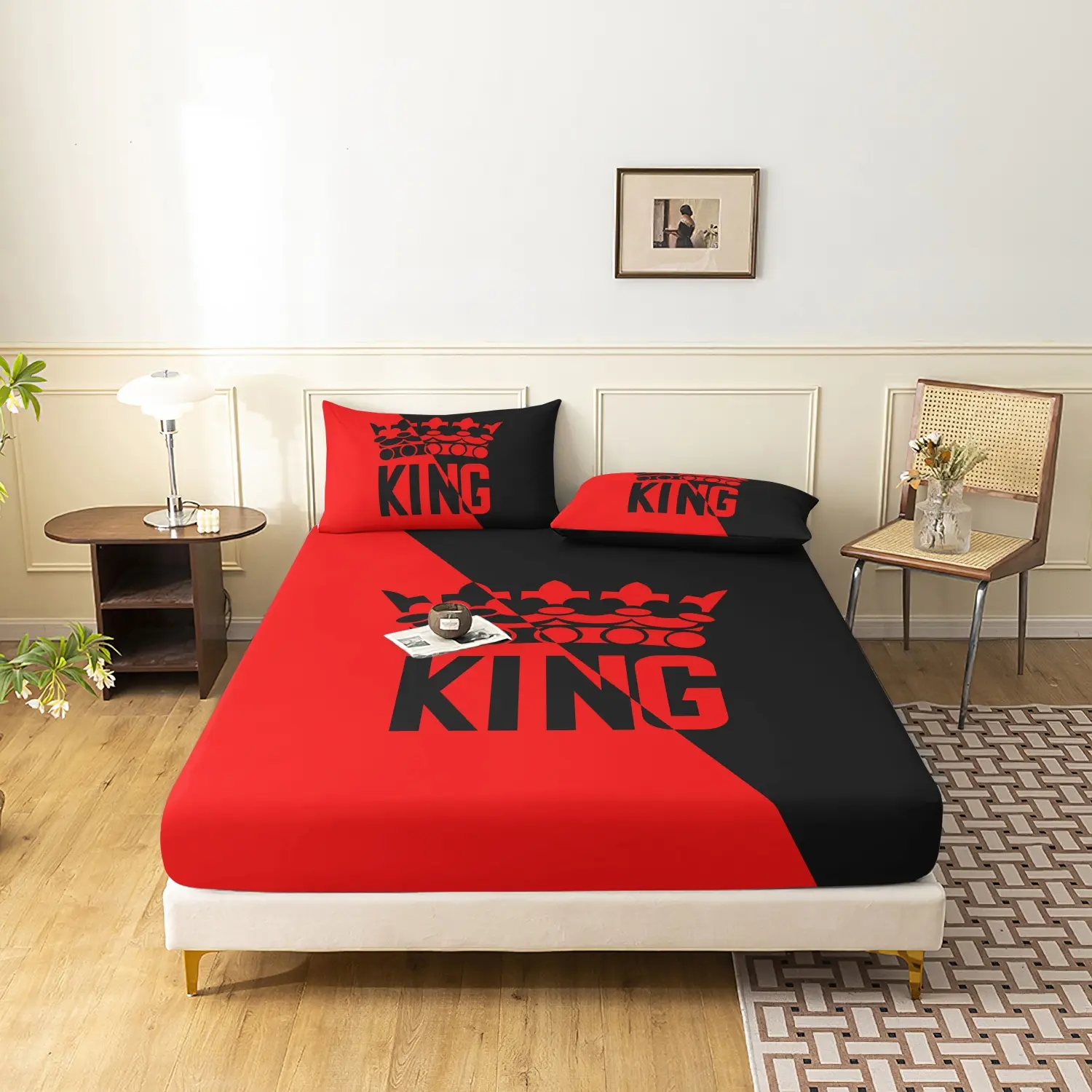  3 Pieces Red Black King Crown Print Fitted Sheet Set, King Letter Crown Printed Bedding, For Bedroom Home Decoration, Multiple Sizes Available (1 Fitted Sheet + 2 Pillowcases, No Pillow)