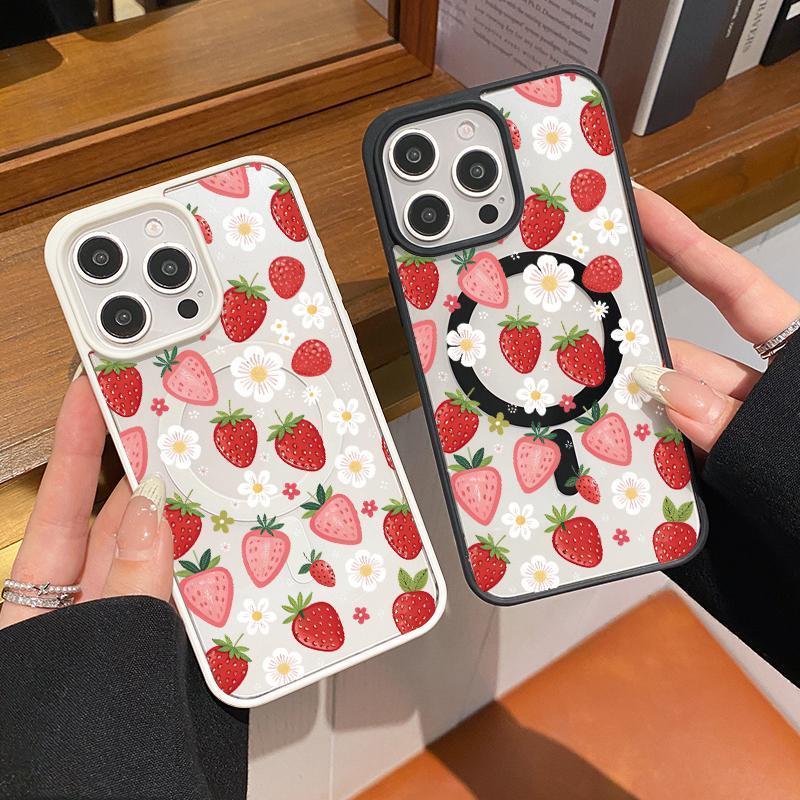 Strawberry Daisy Pattern Magnetic Phone Case Supports Wireless Charging for iPhone 17 15 16 14 Pro Max 13 12 11 XR XS Air Plus E Shockproof Non Slip Protection Silicone Transparent Acrylic Cover Cellphone Protective Smartphone Casing