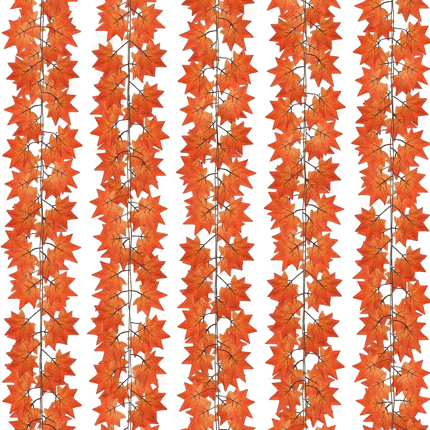 5 Pack Fall Leaf Garland,  Vines Garland Artificial Fall Maple Leaves Thanksgiving Decor for  Wedding Fireplace Party(Deep Orange)