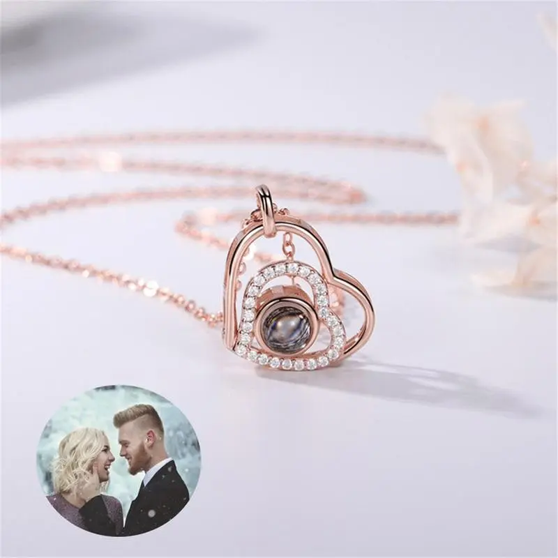 Sterling Silver Projection Necklace, Double Heart Custom Photo Necklace,Personalized Photo Necklace, Memorial Photo Gifts,Gifts For Her