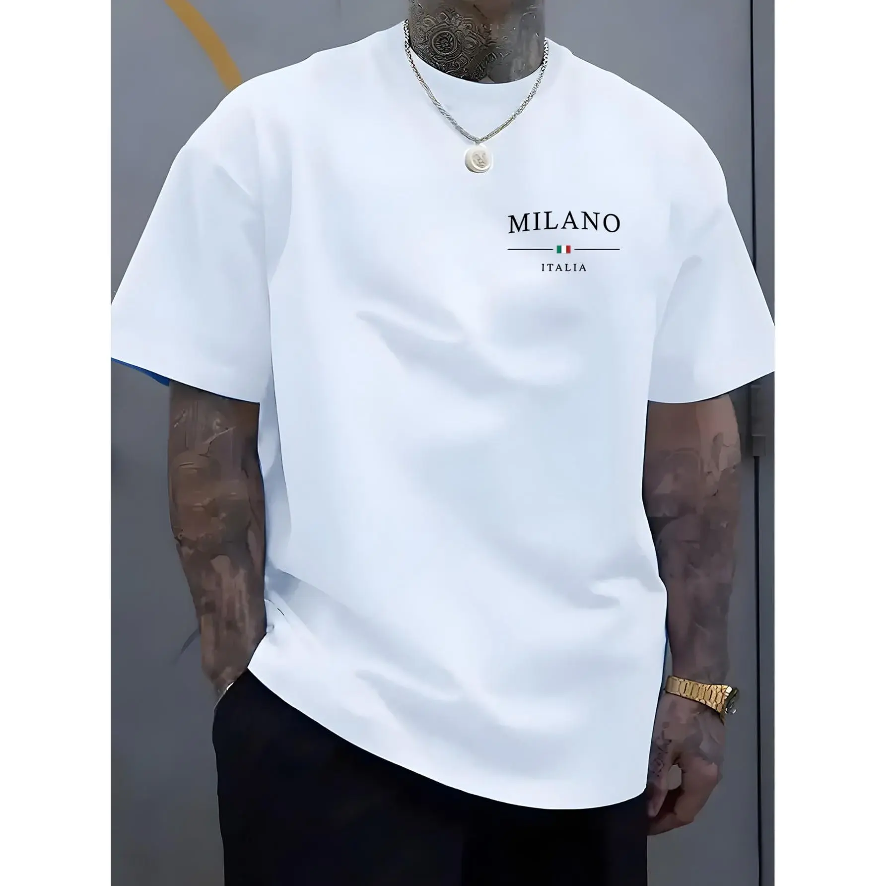 100% Cotton Unisex Round Neck Short Sleeve T-Shirt, Minimal MILANO ITALIA Small Chest Italian Flag Line Text Graphic Loose Casual Tee, Simple European City Minimalist Soft Breathable Summer Daily Wear Top Gift, Non-Washed Fabric