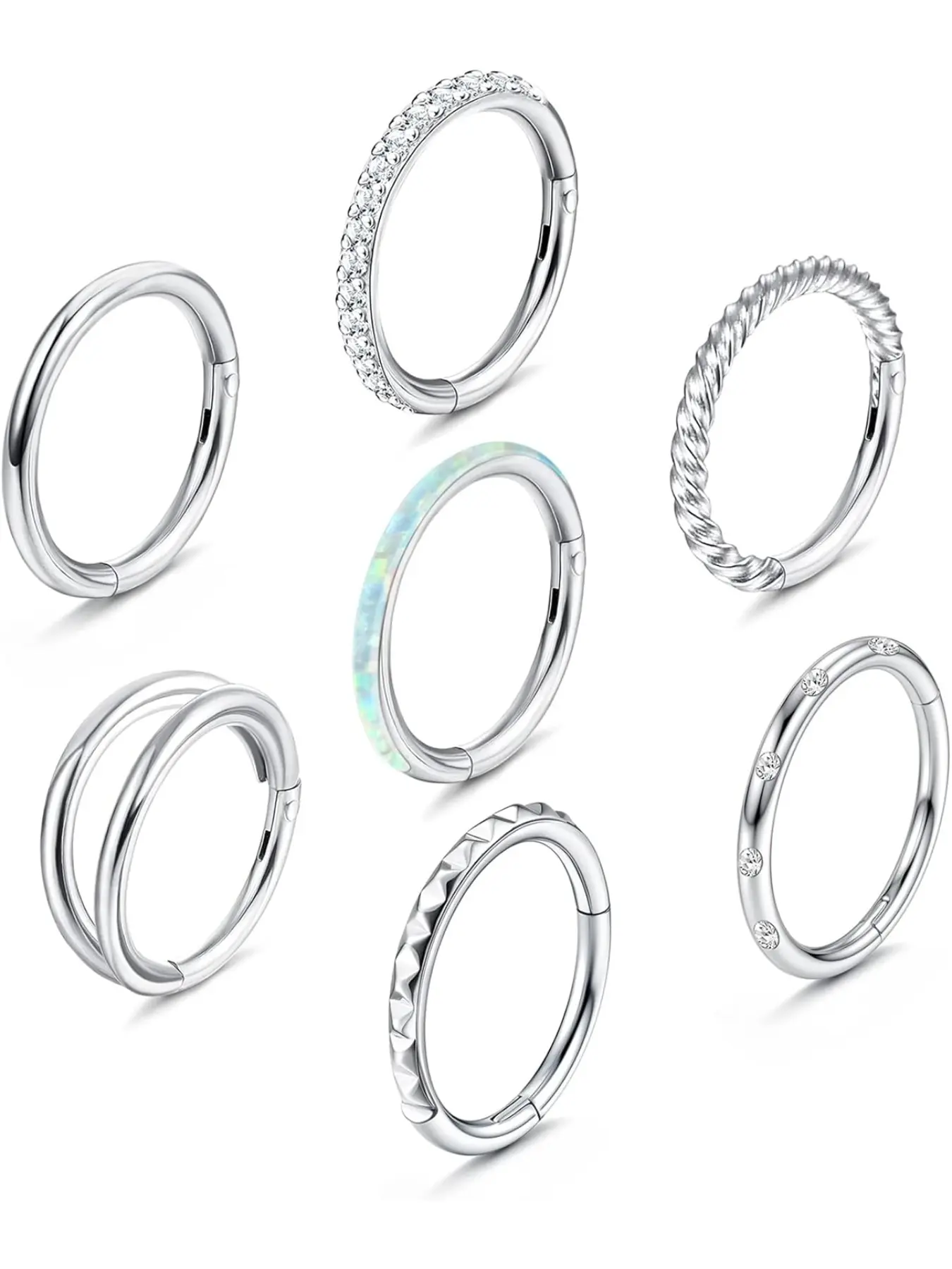 7Pcs 18G 16G Surgical Steel Nose Rings Hoops for Women Men Opal CZ Clicker Hinged Segment Septum Lip Hoop Nose Rings Helix Cartilage Conch Daith Rook Earrings Piercing Jewelry 8mm 10mm Helix Pierced Ring