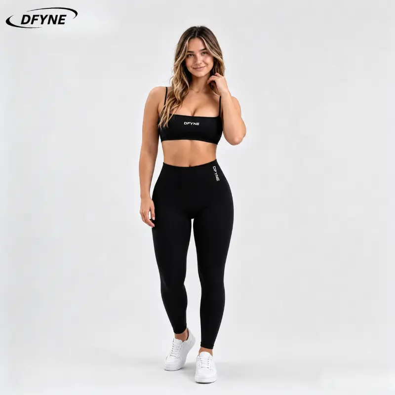 DFYNE Women’s 2-Piece Gym Workout Set - Thin Spaghetti Strap Bandeau Sports Bra & High Waist Yoga Leggings (Women's Workout Sets for Fitness), Gym Workout Women Athleisure Set Athleisure Summer Clothes