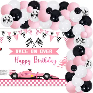 1Set Pink Racing Car Party Decorations for Girls With Race on Over Happy Birthday Backdrop Balloon Garland Kit for Kids Party Supplies Fast One Two Fast Race Car Theme