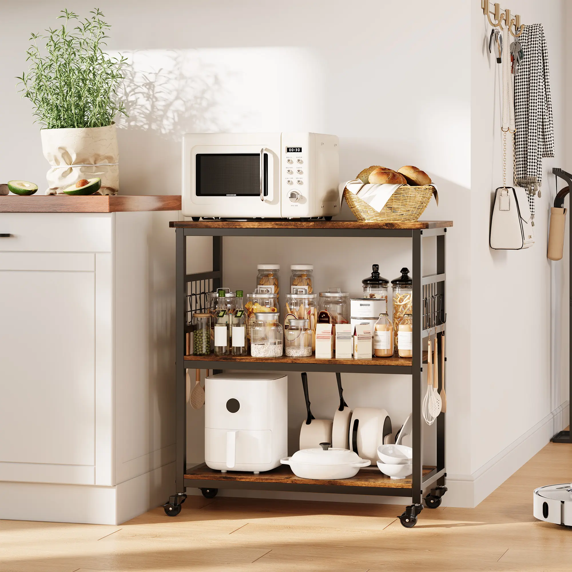 3 Tier Rolling Kitchen Island Cart with Large Storage Space, Multi Purpose Microwave Stand and Bakers Rack, Equipped with 6 Detachable Hooks and 4 Swivel Casters, Vintage Style Organizer for Kitchen
