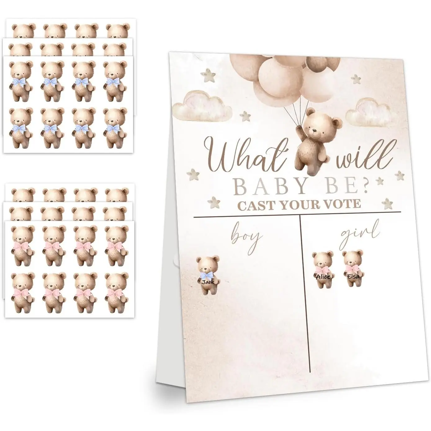Gender Reveal Party Games, Teddy Theme Baby Gender Reveal Voting Board Sign, 48 Boys Girls Teddy Voting Stickers, He or She, Baby Gender Reveal Party Decorations Games for Boy or Girl Shower