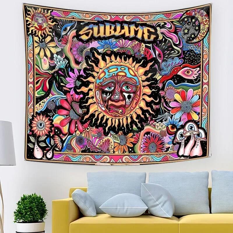Psychedelic Tarot Trippy Sublime Sun Tapestry 60in x 40in Mandala Floral Pattern Peach Skin Velvet Wall Hanging Hippie Tapestries for Bedroom Living Room Gift Mandala Floral Pattern