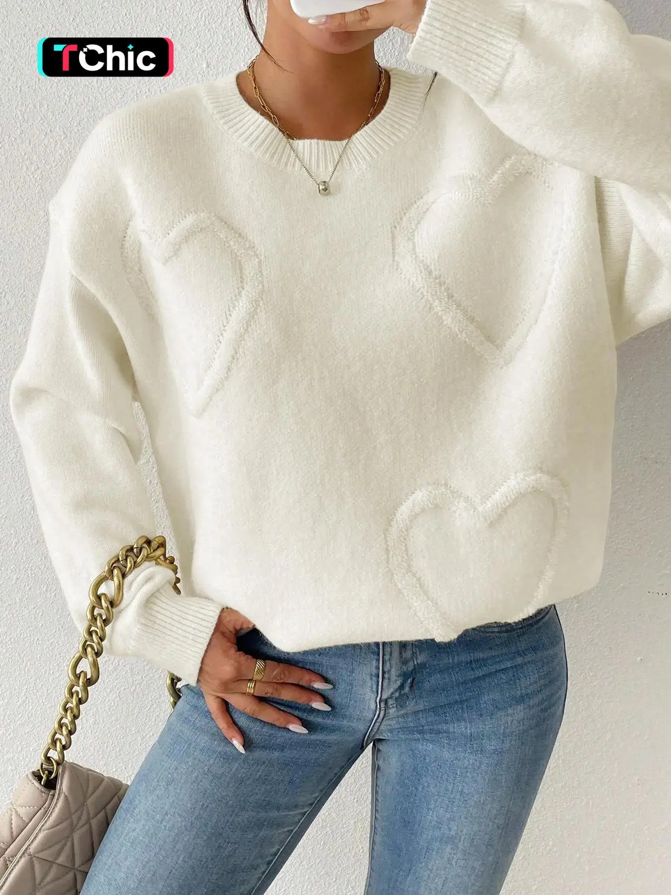 Women's Heart Jacquard Solid Crew Neck Sweater, Casual Long Sleeve Jumper for Fall & Winter, Fashion Ladies' Knitwear for Daily Wear