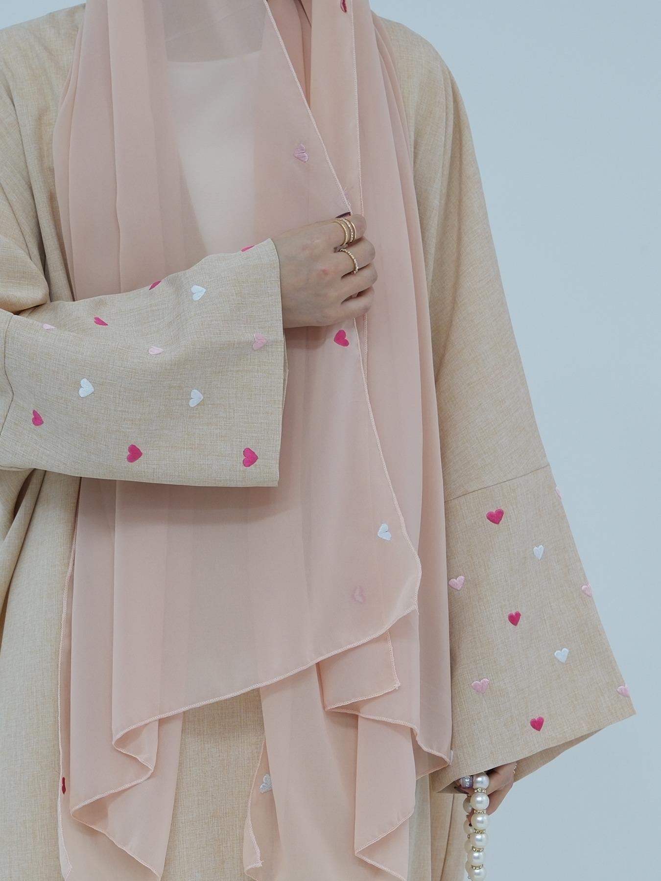 Women's Heart Embroidery Long Sleeve Abaya, Modest Casual Outerwear for Daily Wear, Ladies Islamic Clothing for All Seasons, Modesty Abaya