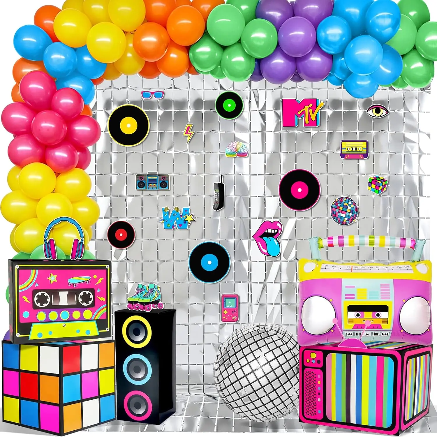 112Pcs 80s 90s Party Decorations: 80s Photo Booth Props with Retro Boxes Silver Shimmer Wall Backdrop Boombox Balloons Stickers 84PCS Balloons 90s Decorations for 1980s Music Theme Birthday Decor