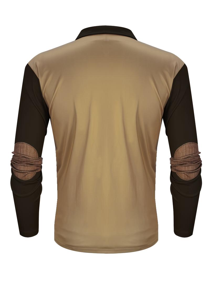 Men's casual deer head print double contrasting color long sleeved zipper polo shirt with half zipper collar outdoor shirt, machine washable dual color polyester fiber, very suitable for leisure activities in spring, autumn and winter festivals, gifts for