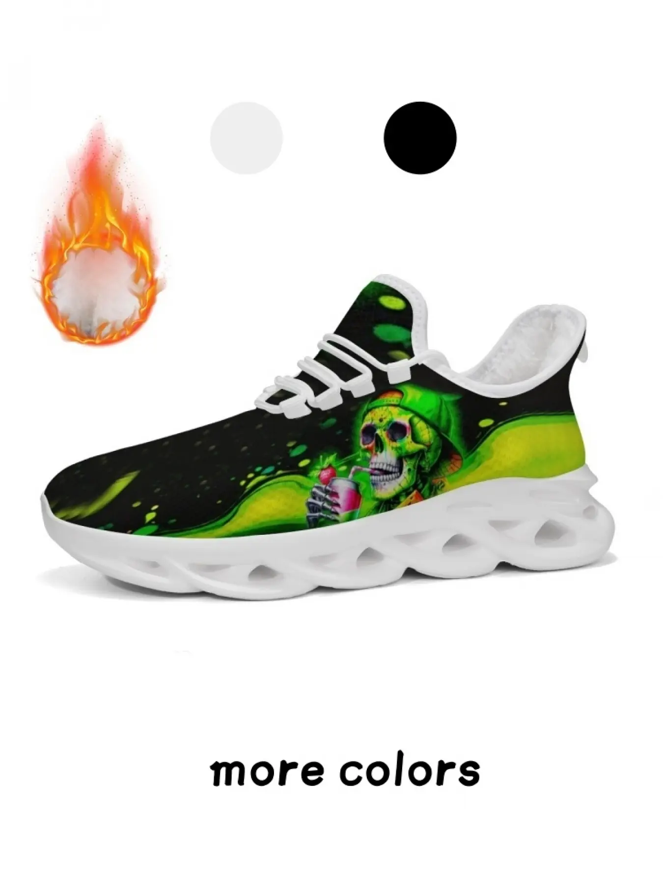 Unisex Warm Fleece Lined Platform Trainers Trendy Neon Green Skull Graffiti Hollow Sawtooth Sole Light Windproof Footwear For Street Running Daily Trips