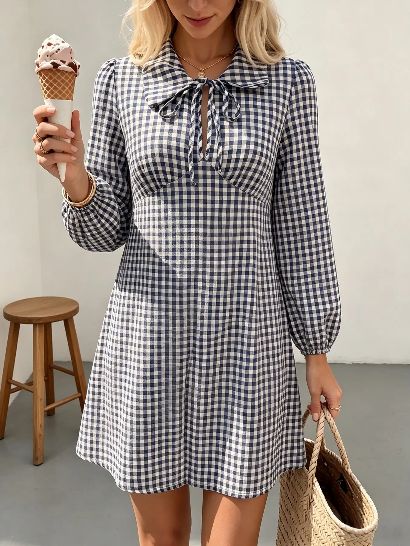 Navy Blue Gingham Mini Dress Bow Peter Pan Collar Puff Long Sleeve A Line Fall Vacation Sundress Women Vintage Plaid Collared Dress Front Tie Keyhole Long Sleeve Casual Travel Outfit Preppy Gingham Bow Collar Long Sleeve Mini Dress Back Zipper Flowy