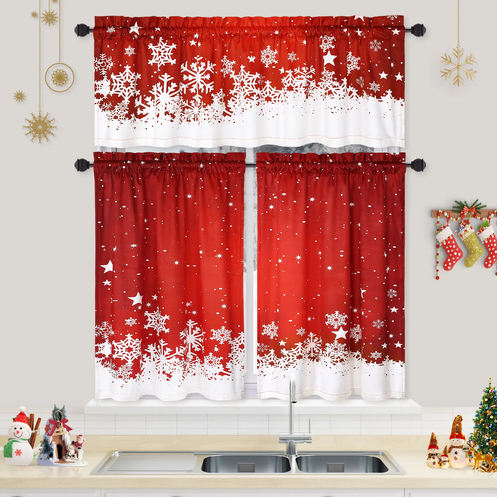 26x36 Inch Red Velvet Christmas Curtains Set of 2 – Thermal Insulated Snowflake Floral Cafe Curtains, Room Darkening Short Window Curtains