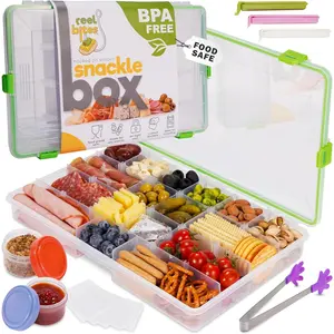 Large Snackle Box Container Reel Bites Large Snack Container for Travel, 21-Compartment Snackle Box with Adjustable Dividers, Dishwasher Safe – 14 inch