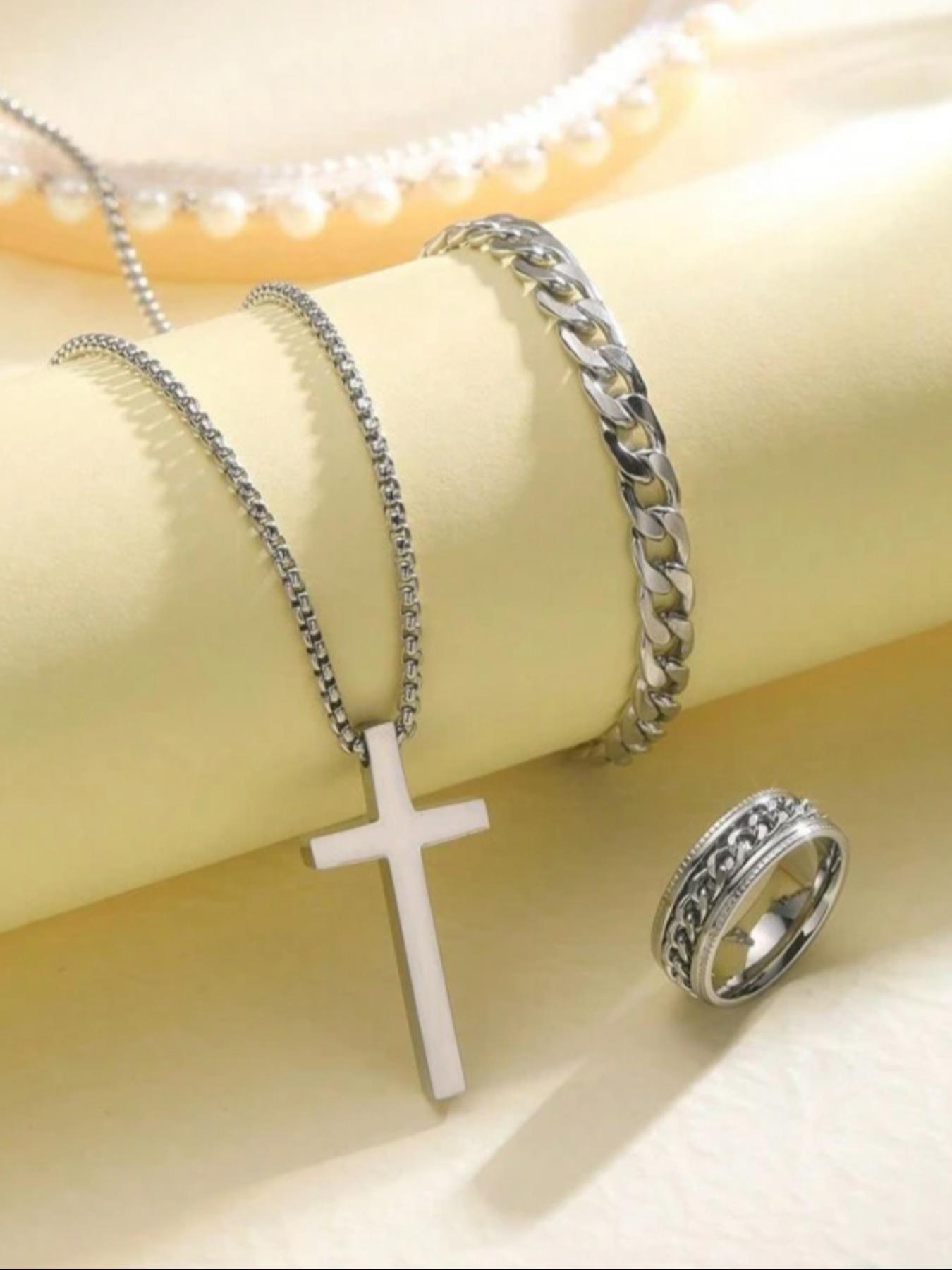 Men's Punk Hip Hop Cross Necklace & Curb Chain Bracelet & Ring, Fashionable Jewelry Set for Party, Daily Decor, Trendy All-match & Exquisite Jewelry for Birthday Gift