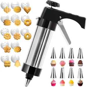 Cookie Press Gun Kit, Stainless Steel Spritz Cookie Press with 13 Discs & 8 Icing Piping Tips, Baking Cookie Maker, Icing Decorating Gun for Cookies Cakes Pastry Dessert Baking Decoration