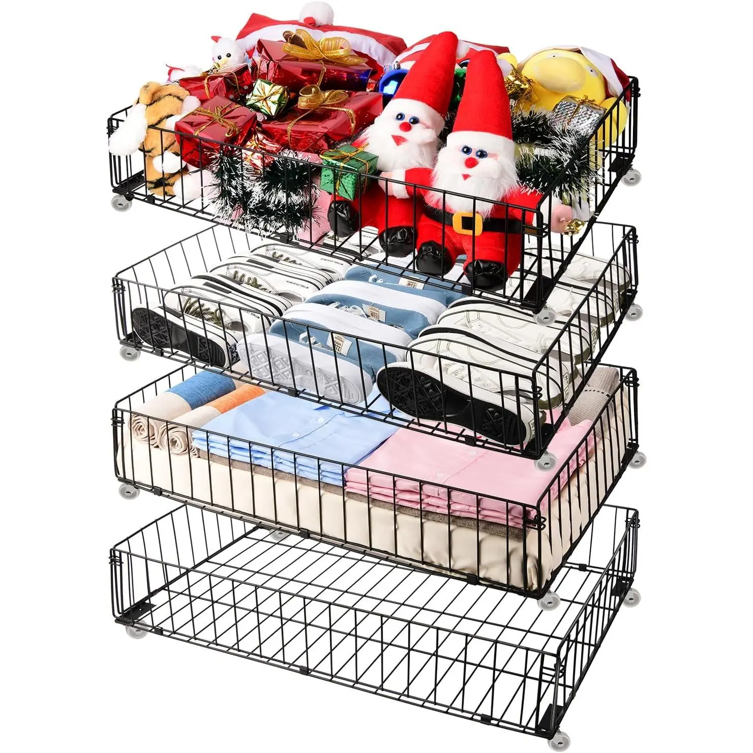 4 PACK Under bed Storage Containers With Wheels,Under bed Basket,Rolling Under Bed Drawer Organizer For Shoes Clothes Books Toys Blankets,