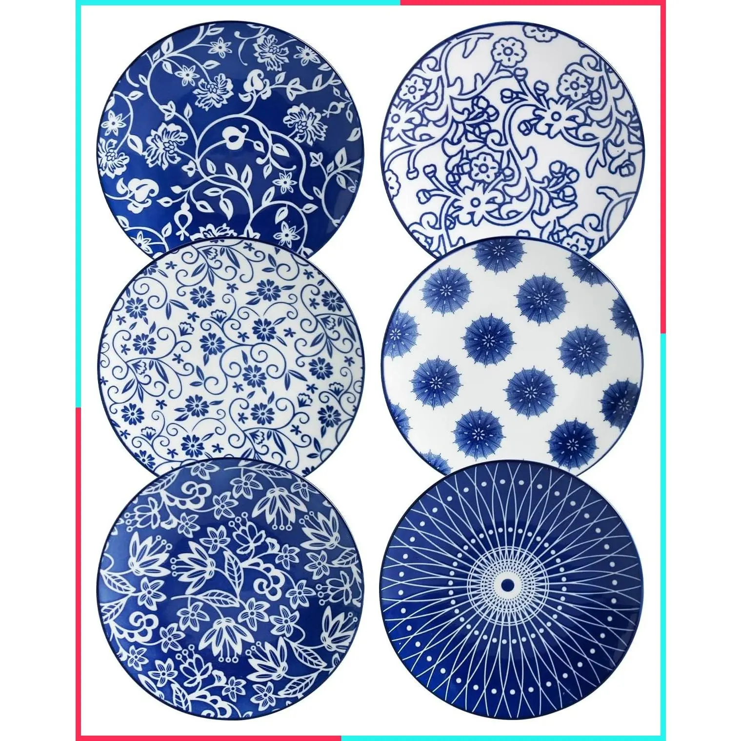 6 Inch Ceramic Mini Dessert Plates Set of 6, Vintage Blue - Small Appetizer & Salad Plates for Cake, Snacks, Side Dish, Microwave and Dishwasher Safe