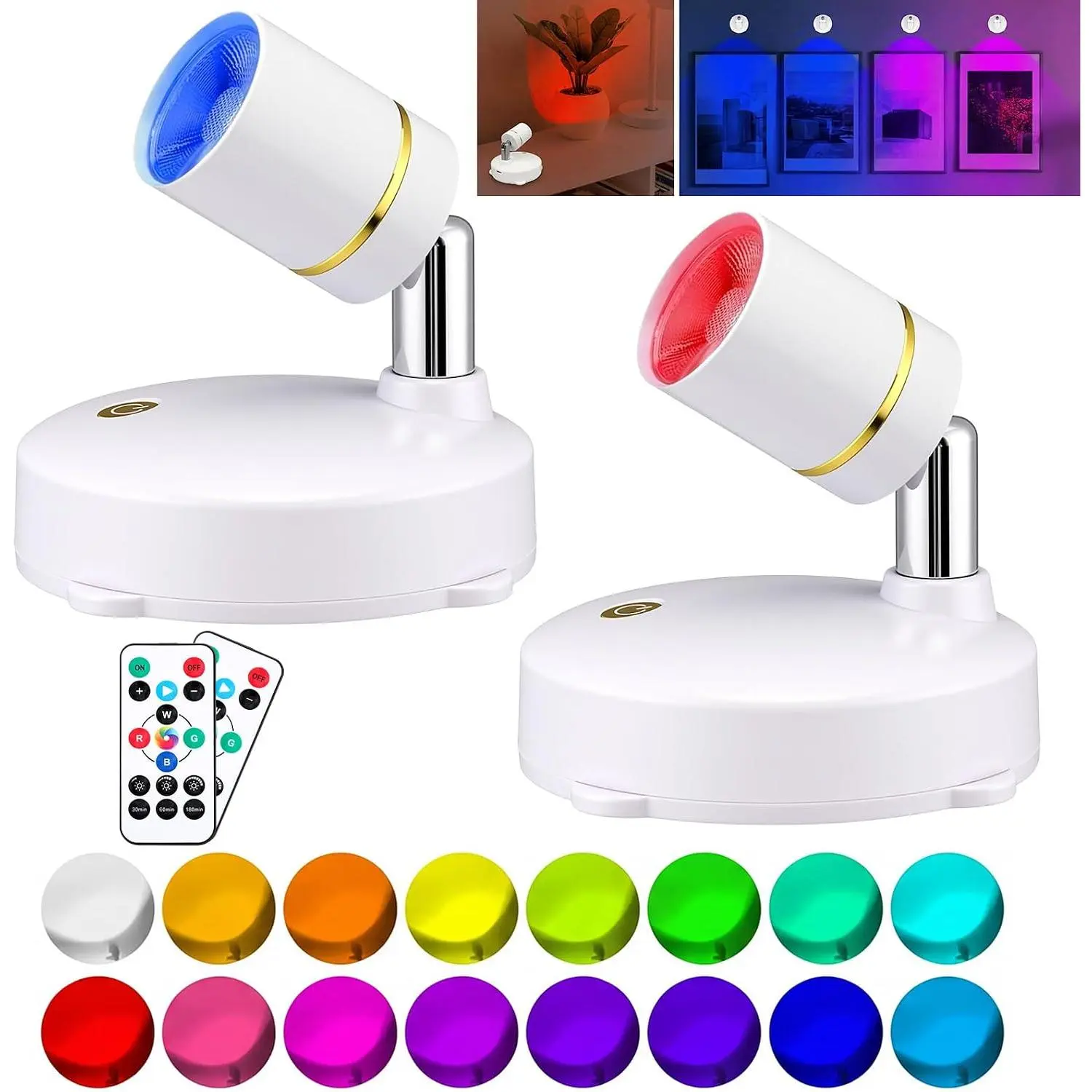 RGB Spotlight with Remote Control Set of 2, 16 Colors Changing Lights and 10 Brightness Levels Adjustable 180? Rotation 4 Flash Modes Dimmable Timer Function   for