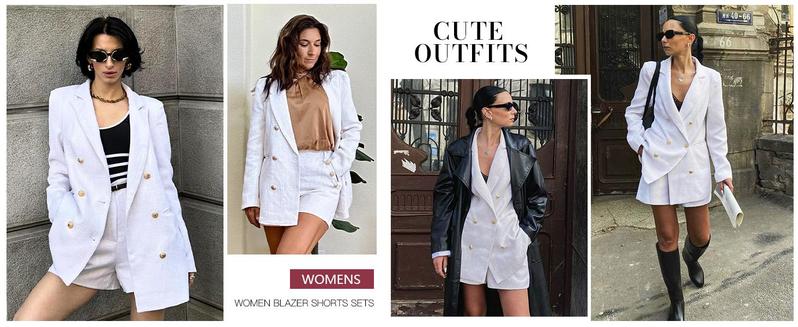 PASLTER Womens 2 Piece Tweed Blazer Shorts Sets Long Sleeve Double Breasted Suit Jackets Business Outfit Fabric Formal M1H684