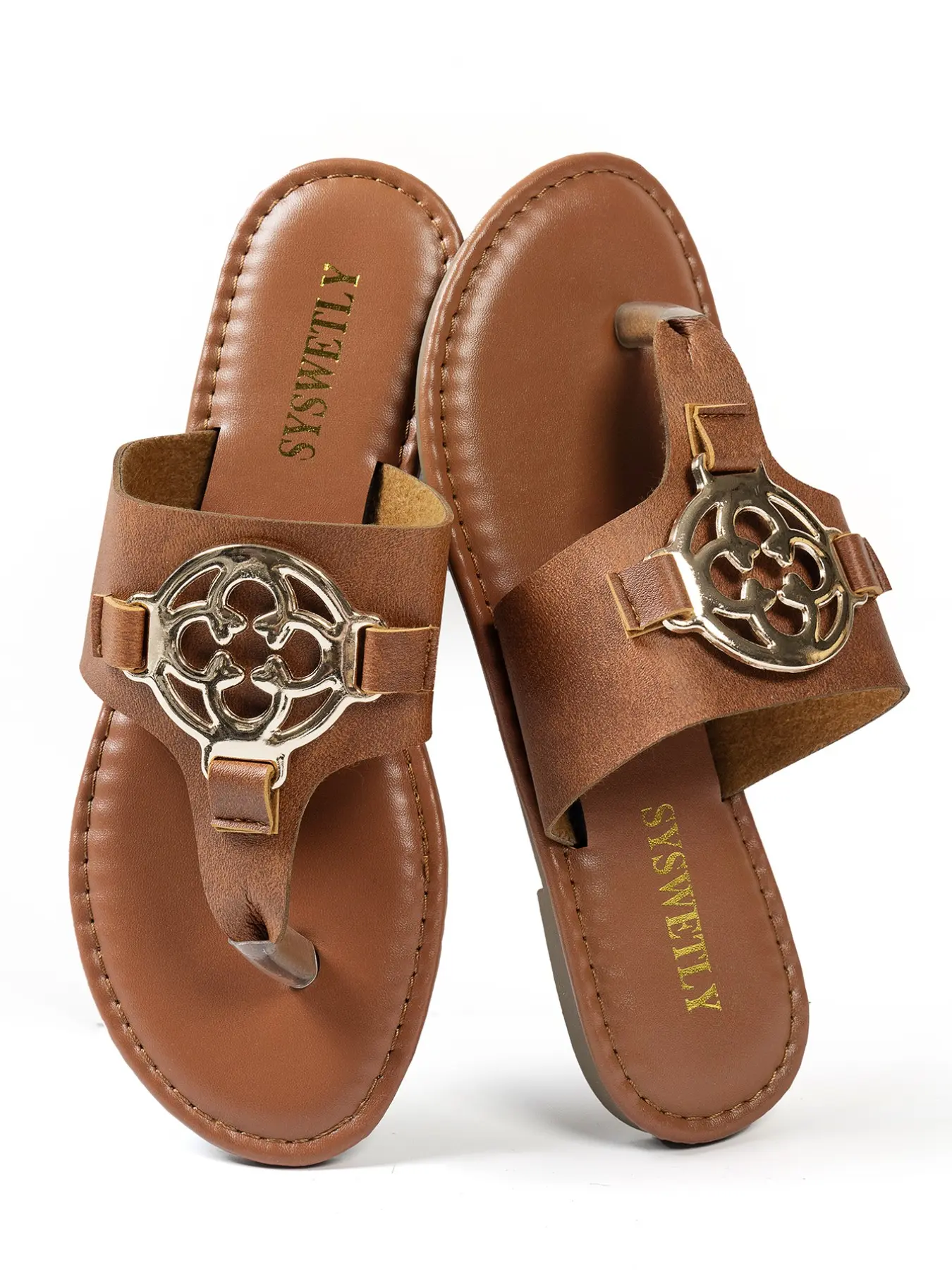 SYSWETLY Retro Metal Flower Toe Flat Shoes Sandals, Casual PU Leather Slippers, Comfortable Rubber Sole, All-Season Beach & Commute Footwear
