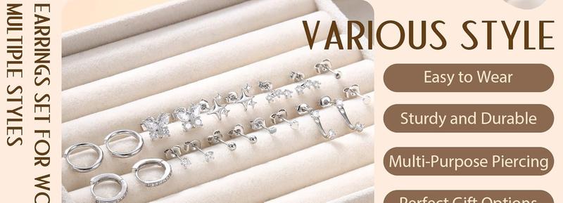 Versatile 20 Pcs Shining Sterling Silver Stud Earrings for Women Multiple Piercing 20G Dainty Heart Butterfly Star CZ Stud Earring Hypoallergenic Hoop Earrings Studs Cartilage Earring Sets Stacks for Women Men Christmas Gift