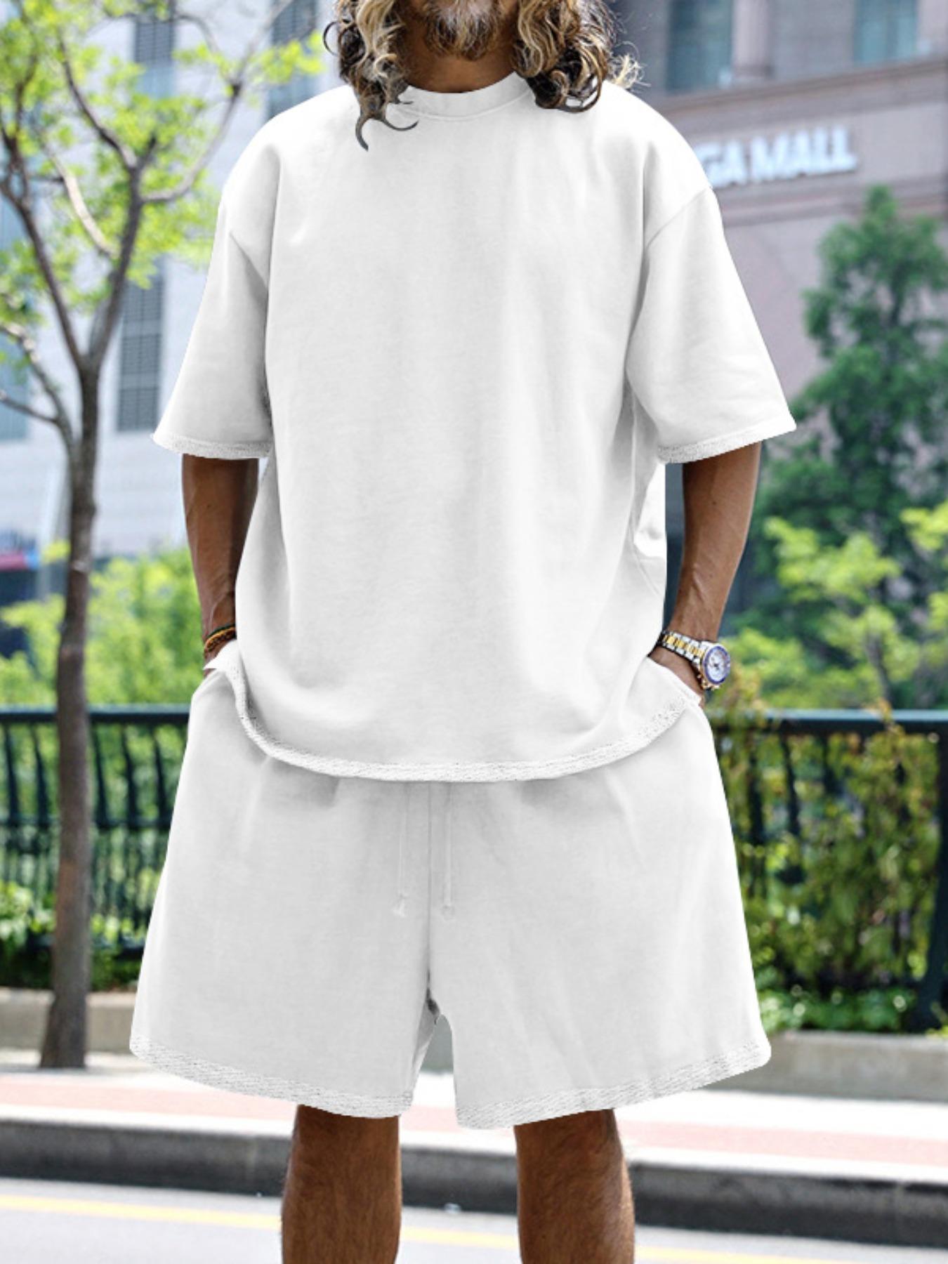 Men's Summer Casual Set, Pure Color Round Neck Short Sleeve Knit Tee & Shorts, Classic Loose Fit Sportswear, Comfortable Daily Wear Outfit