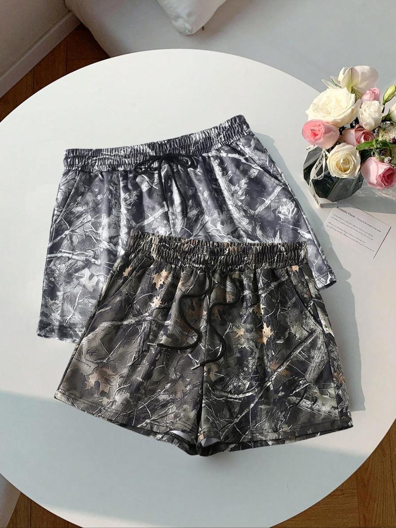 Women's Camo Print Tie Waist Shorts, Casual Comfy Breathable Shorts for Summer, Ladies Bottoms for Daily Wear, Womenswear, Lightweight Printed Shorts, Drawstring Shorts