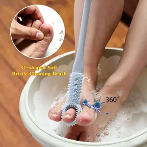 15.7-Inch Long Handle Foot Brush, 2-Pack Blue Silicone O-Shape Heads, 360° No Bending Foot Care Brush, Ideal for Seniors, Pregnant Women, Arthritis Patients