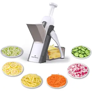 Safe 5-in-1 Mandoline Slicer Vegetable Chopper, Adjustable Food Potato Cutter for Strips Julienne Dice with 0.1-8mm Adjustable Thickness, Kitchen Chopping Artifact for Fast Meal Prep (Gray)