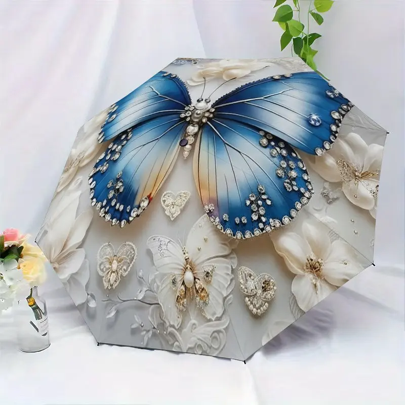 Blue Butterfly Flower Handheld Automatic Folding Umbrella, Portable Outdoor Accessory, Perfect Gift for Christmas and Birthday