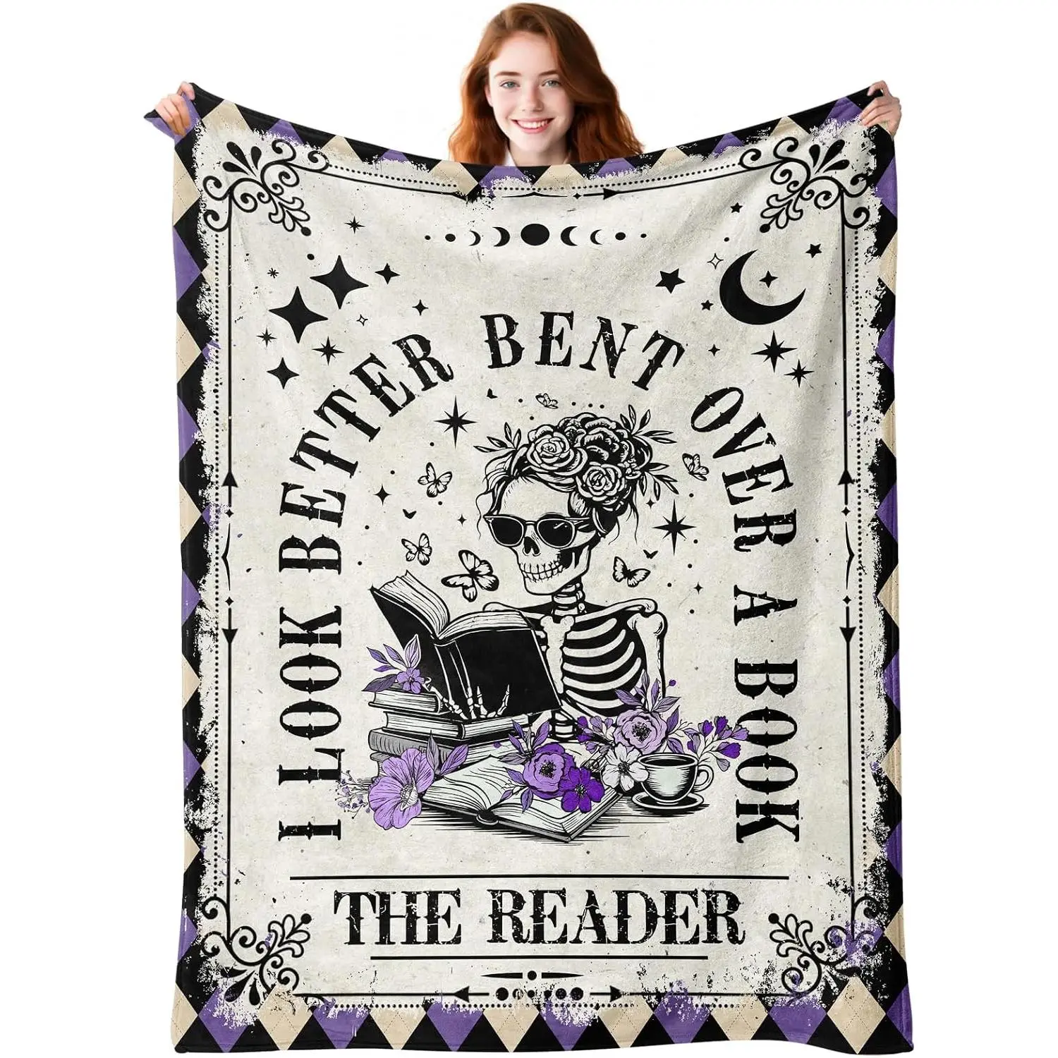 Book Lovers Gifts - Smutty Book Lover Gifts for Women - Skeleton Reading Blanket for The Reader - Bookworm Bookish Books Club Librarian Reading  - Gothic Spicy Blanket for Christmas Birthday 50x60