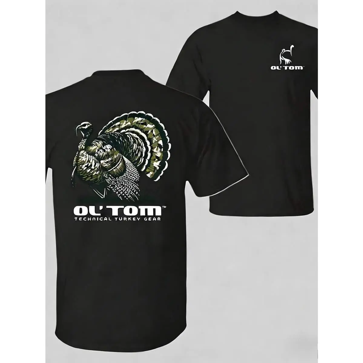 Ol' Tom Turkey Graphic T-Shirt, Features Large Wild Turkey Illustration With "Ol' Tom Technical Turkey Gear" Text On Back And Small Turkey Logo On Chest, Hunting Theme Unisex Casual Tee, Gift For Hunters, Top Menswear Streetwear Casual
