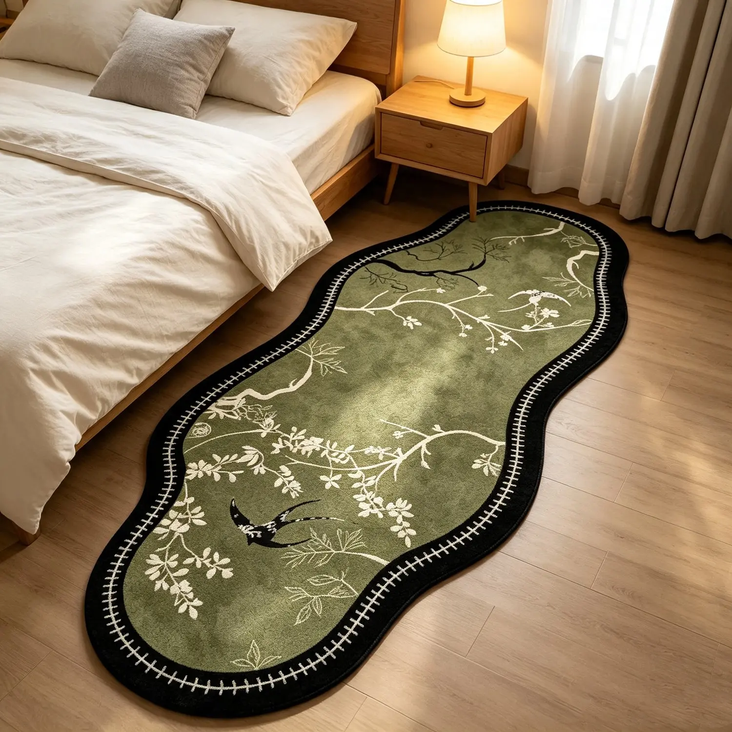 New Traditional Style Wave Shape Bedside Rug, Vintage Plum Blossom Ink Wash Mat, Soft Velvet Bedroom Foot Pad, Hand Washable Decorative Carpet, Bedside Floor Mat