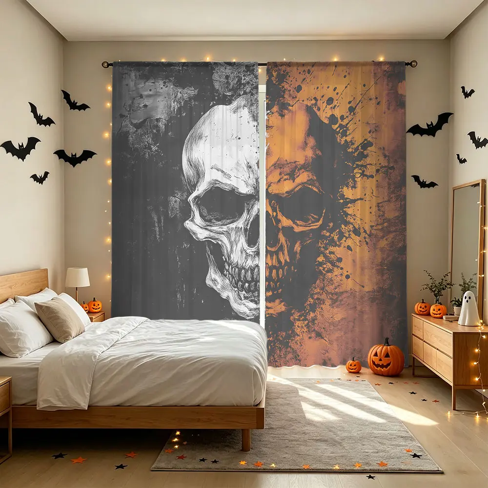 Halloween Gray Orange Skull Rod Pocket Sheer Curtains 2 Panels, Light Filtering Voile Window Drapes for Bedroom Halloween Party Decor