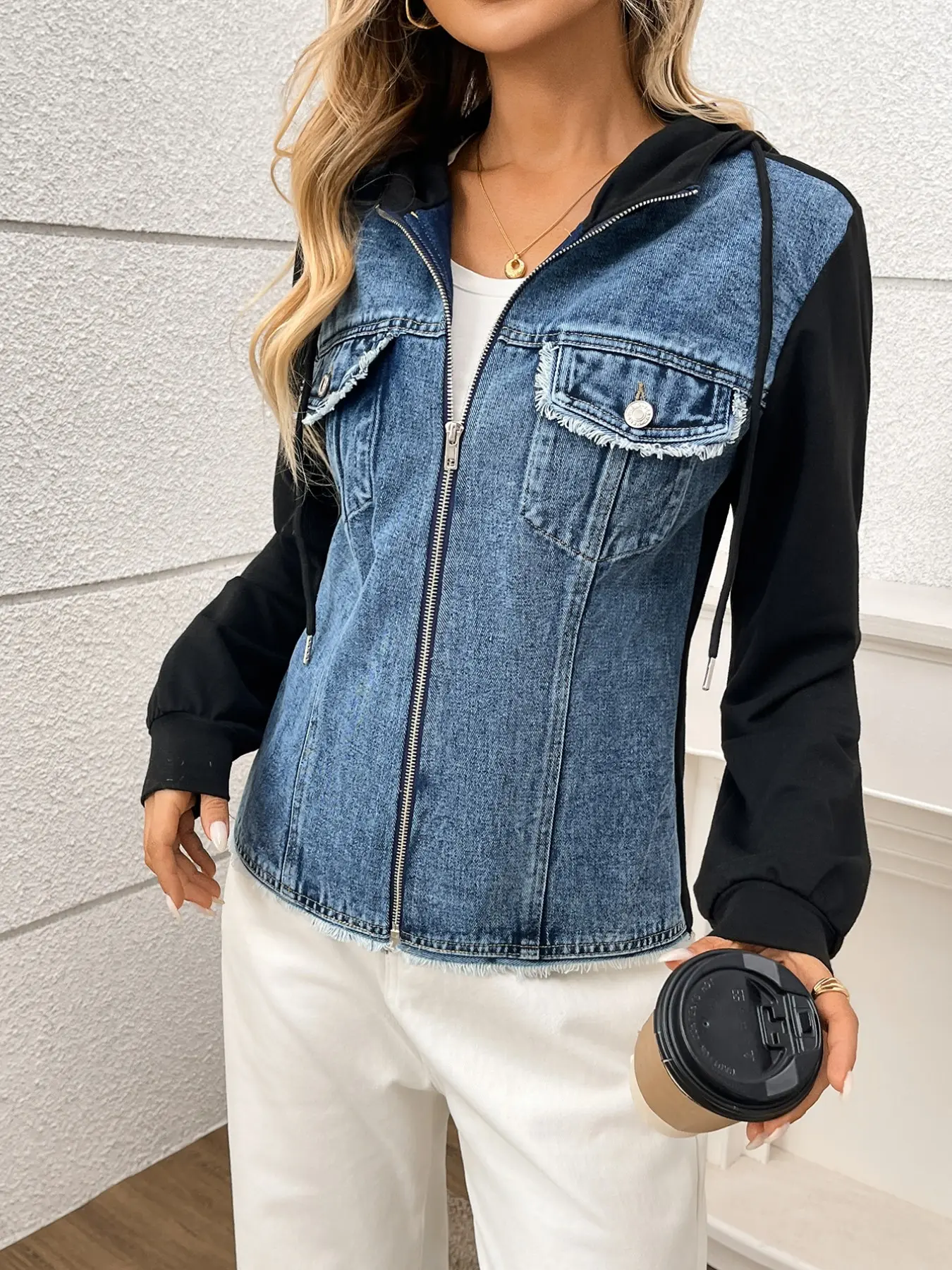 Women's Colorblock Patchwork Hooded Denim Jacket, Zipper Knit Long Sleeve, Loose Fit, Casual Streetwear, Spring & Fall Outerwear