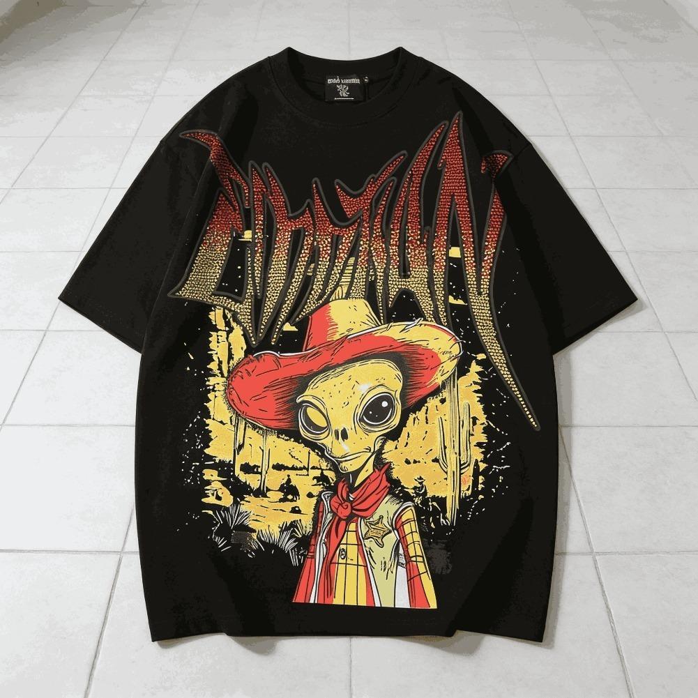 MIXED EMOTION Rhinestone Short Sleeve Black Mens Tshirts Streetwear Cotton Loose Round Neck Top Tees Oversized Unisex Y2K Graphic Casual Outdoor Summer Trendy Fashion