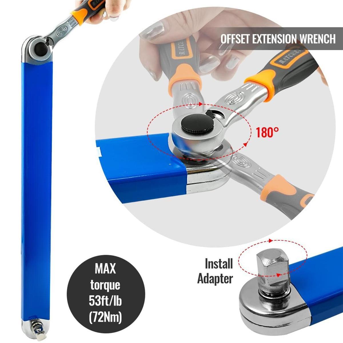 Offset Extension Wrench, Zero Degree Ratchet Extension Set, Includes 1/2", 1/4" & 3/8" Drive Adapters, Universal Ratchet Extensions for Tight Space, Wrench Extend Rod