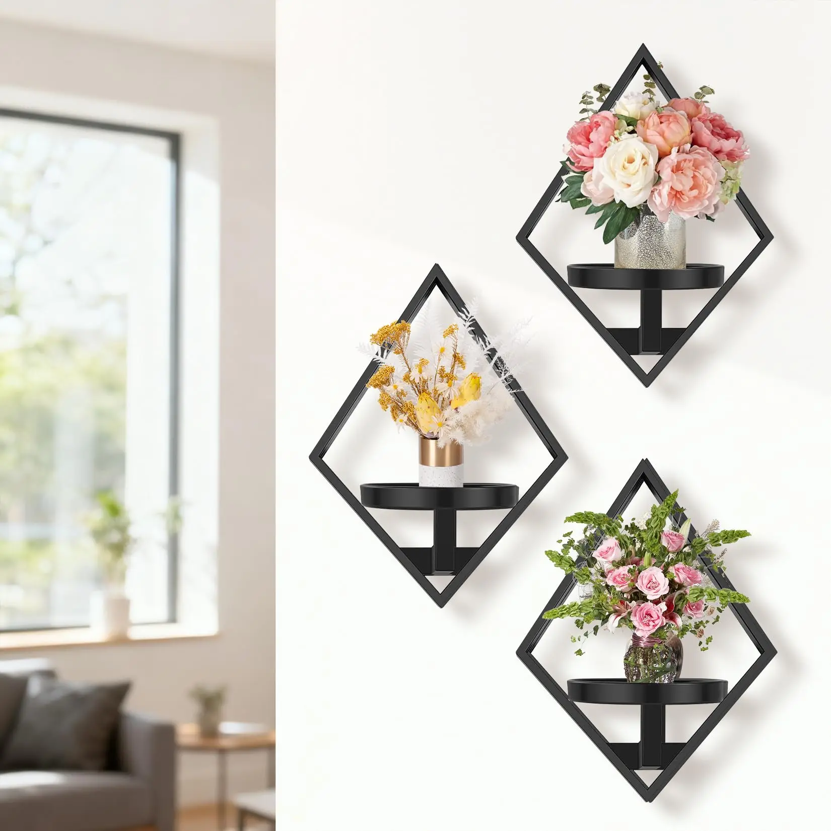 Garvee 3-Pack Diamond Hexagon Wall Mounted Plant Shelves with 5.7 Inch Trays for Indoor Plants and Home Decor, Multi-Functional Display Shelves Supporting Up to 20 Lbs Each