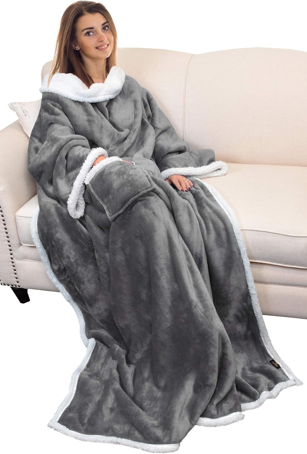Catalonia Sherpa Wearable Blanket with Sleeves Arms, Comfy Sleeved TV Wrap Blanket, Large Snuggly Throw for Women and Men, Gift for Her