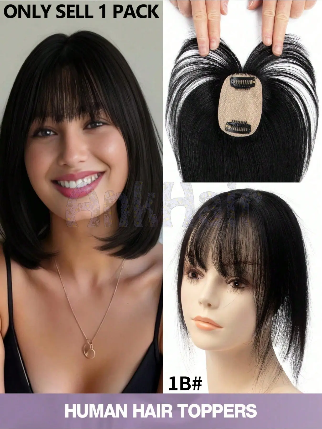Lightweight Clip-In Hair Topper for Women, Natural Straight Hair with Realistic Bangs, 360° Lifelike Scalp Line, Ideal for Thinning Hair
