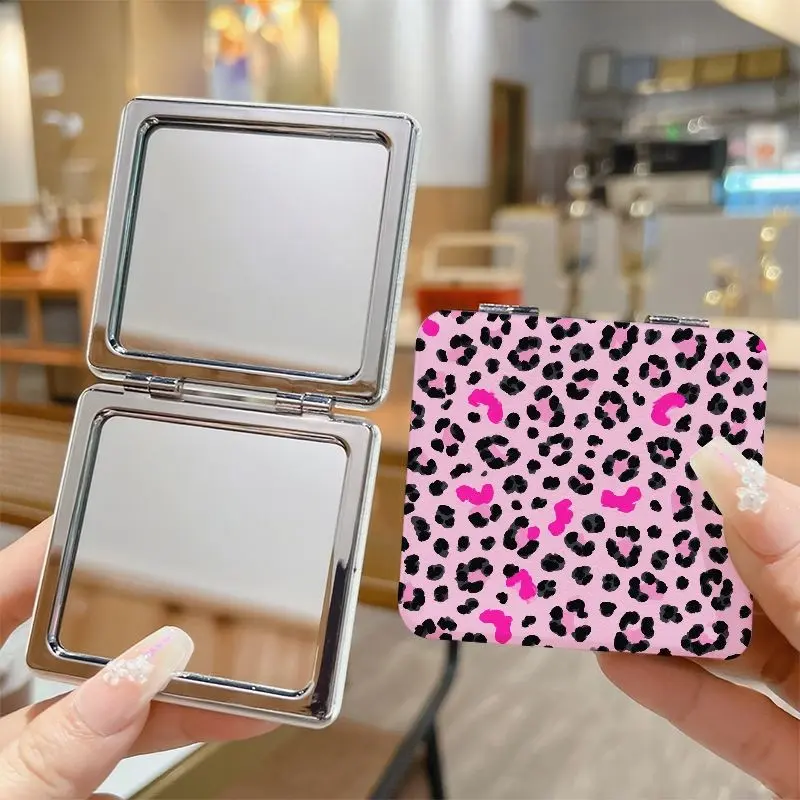 Pink Leopard Print Compact Mirror, Double Sided Foldable Pocket Makeup Mirror, Trendy Animal Print Portable Travel Cosmetic Mirror, Travel Hand Mirrors, Gift for Girls Women