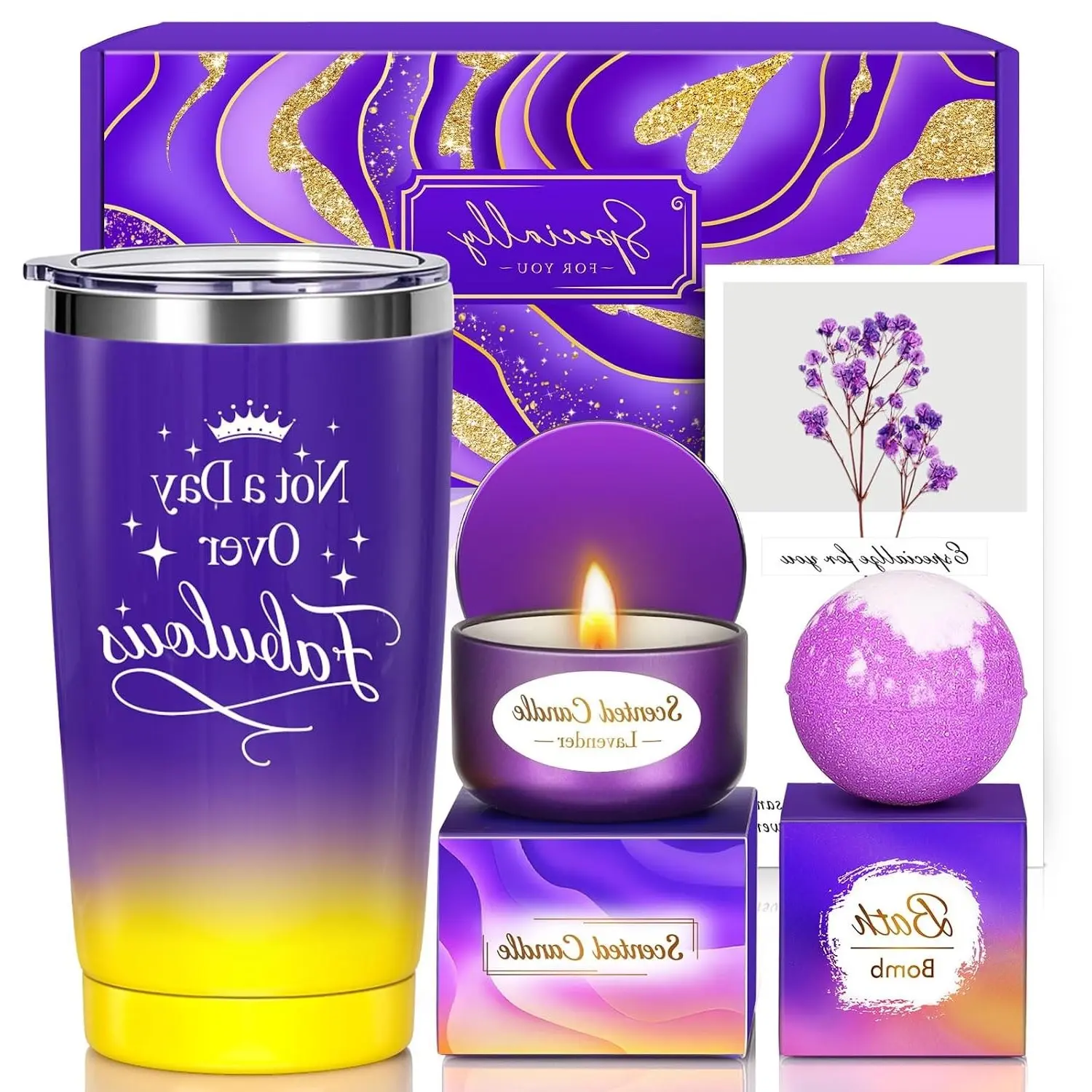 Purple Self Care Spa Gift Basket Set for Women - Christmas Birthday Relaxation Gift with Stainless Steel Coffee Tumbler, Candle, Bath Bomb, Stocking Stuffers for Mom, Wife, Girlfriend & FriendGift