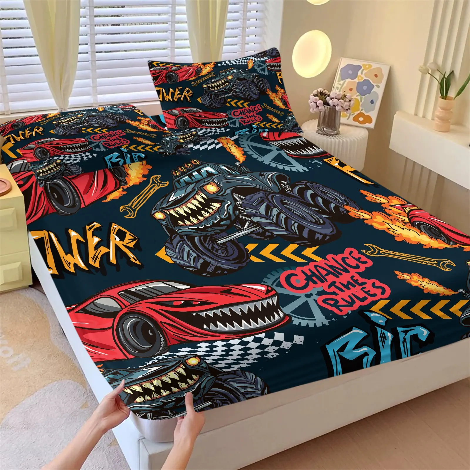 Monster Truck Themed Fitted Sheet Set, 1 Fitted Sheet & 2 Pillowcase No Filling, Racing Print Deep Pocket Bed Sheet Set, Ideal Birthday Holiday Gift for Kids, Boys Teens & Car Loving Children