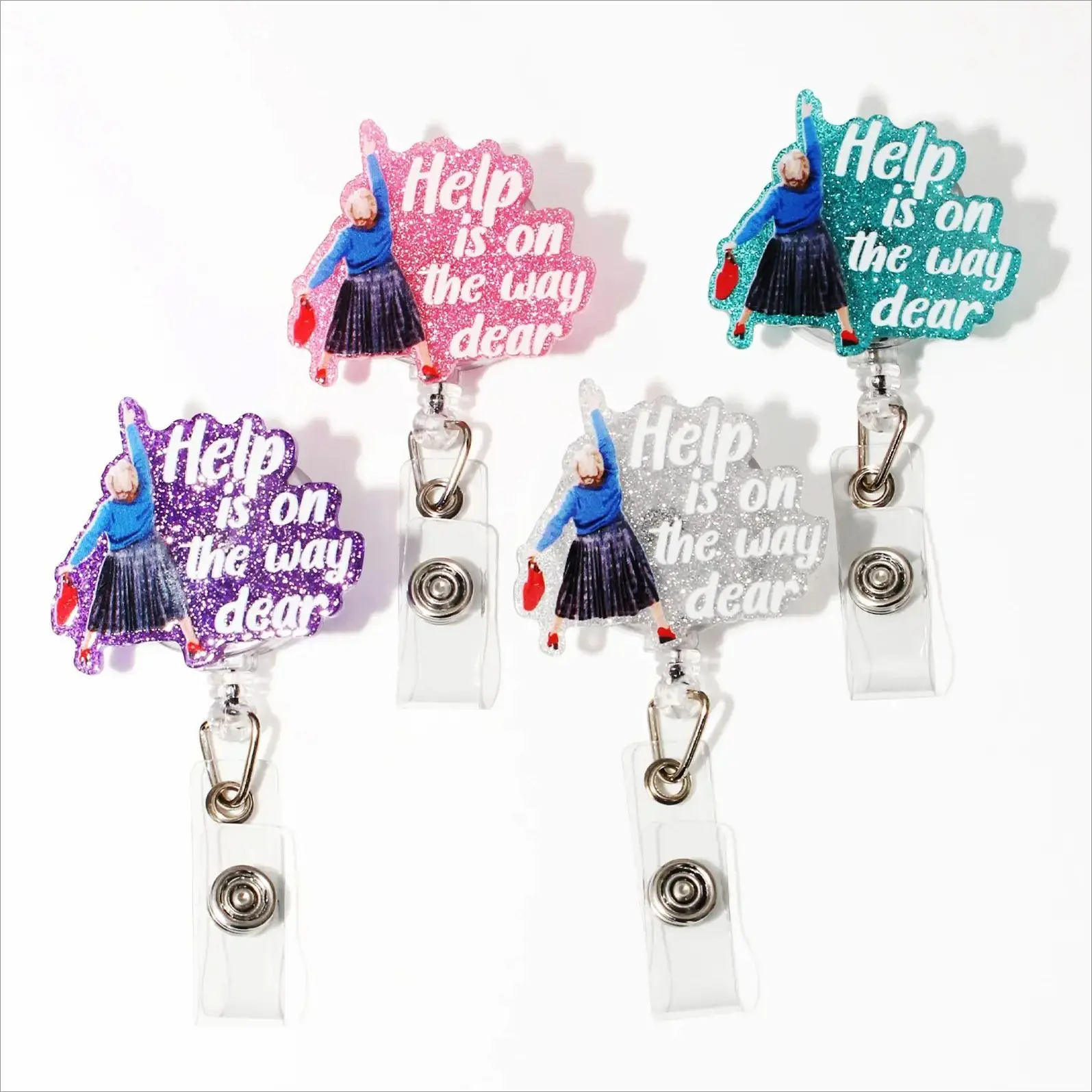 Help is On The Way Badge Holder 4 Pack - Glitter Retractable Identification Badges for Nurses Office Workers Students, Funny Nurse Gift Classroom Supplies