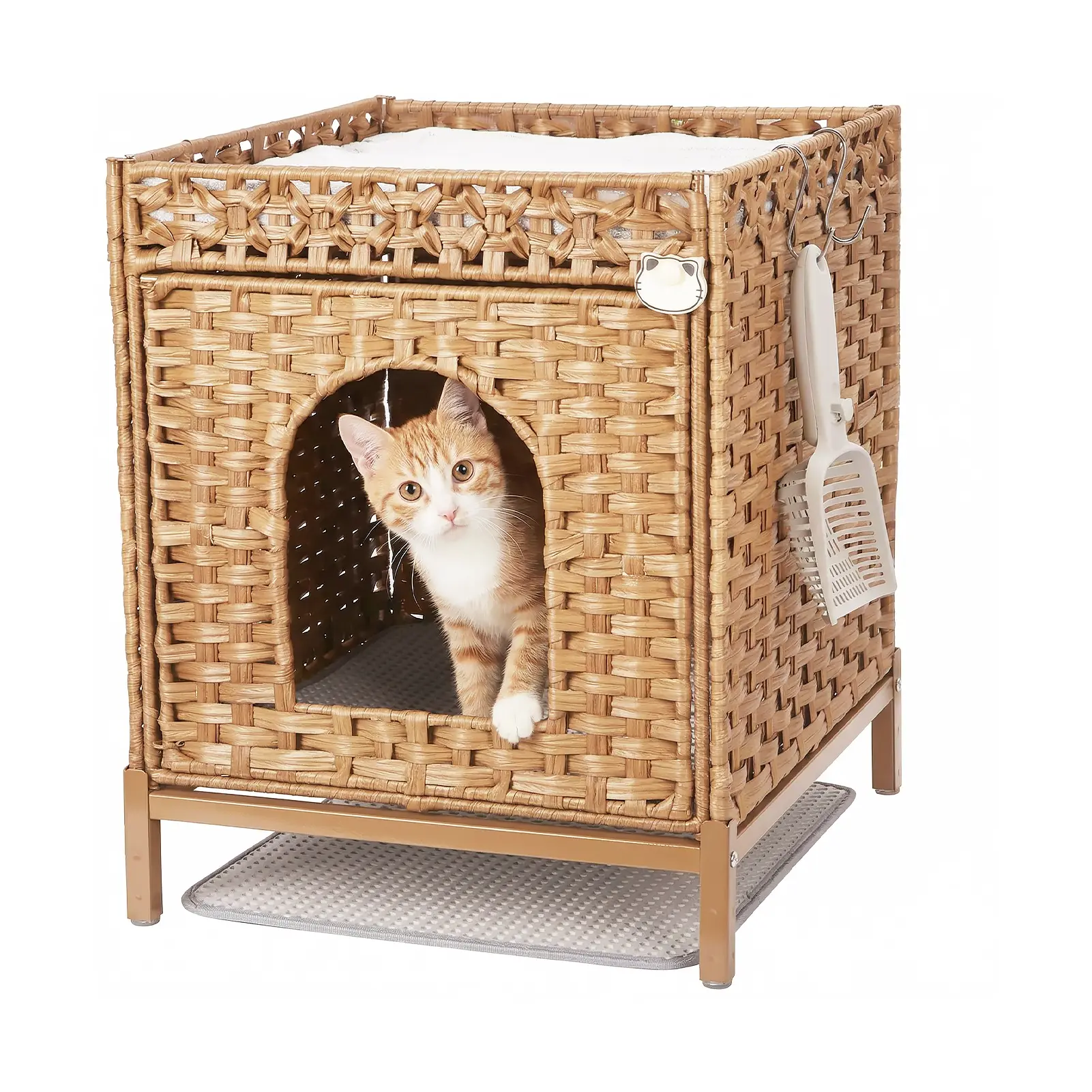 Woven Rattan Cat Litter Box Enclosure – Hidden Litter Cabinet with Metal Frame, Cushion & Hooks – Stylish Indoor Cat House